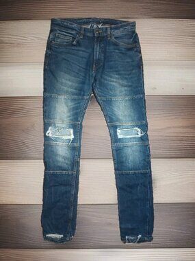 H&M Dark Blue Wash Distressed Men’s Jeans Size: 32X32 Skinny Slim Ripped Knees